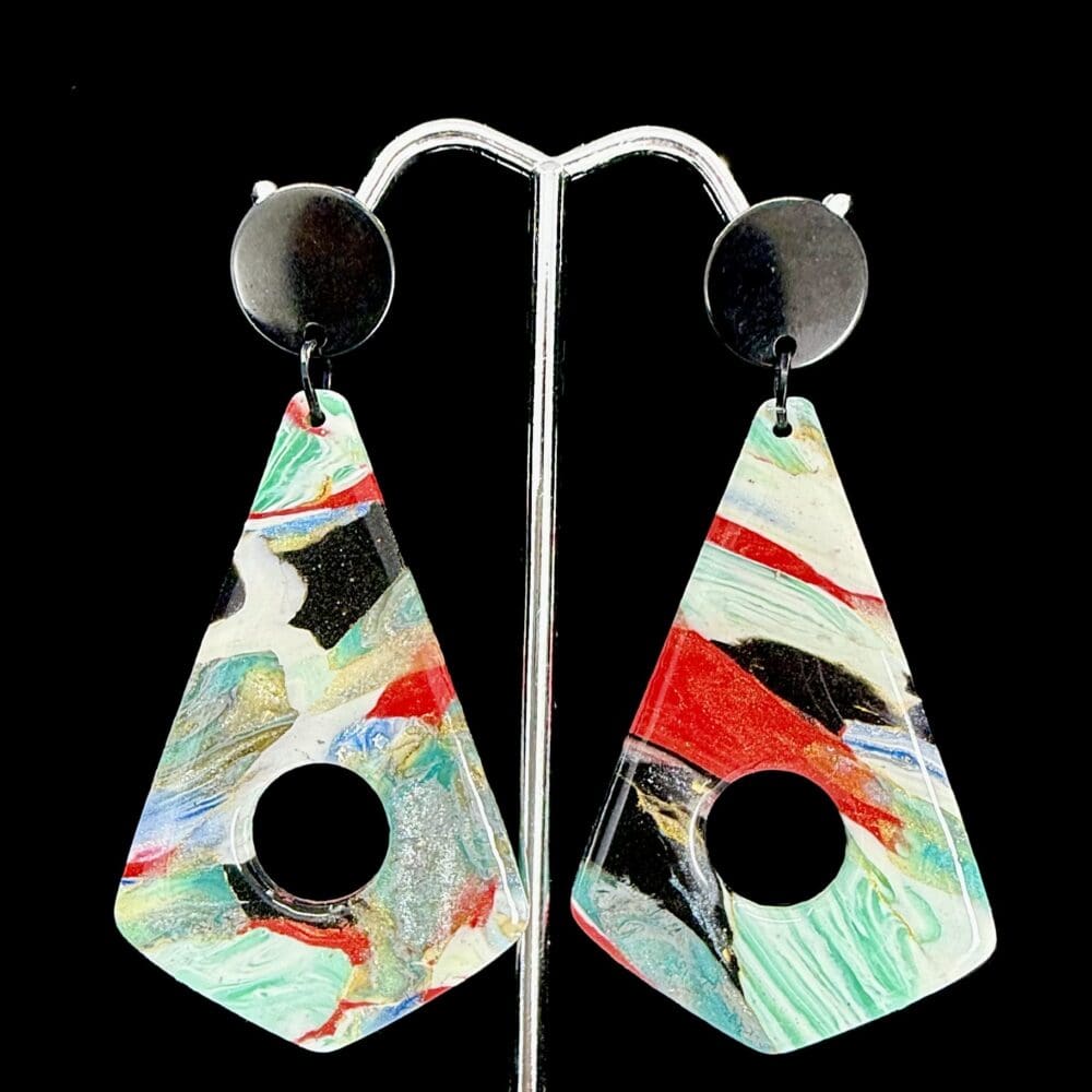 Multicolor polymer clay dangle earrings with black stud top