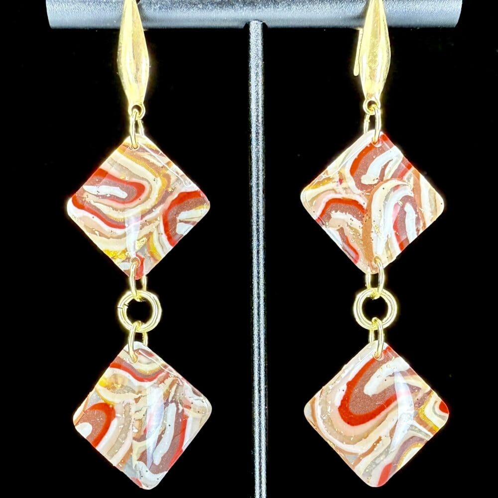 Caramel Apple Swirl Double Diamond Dangle Earrings