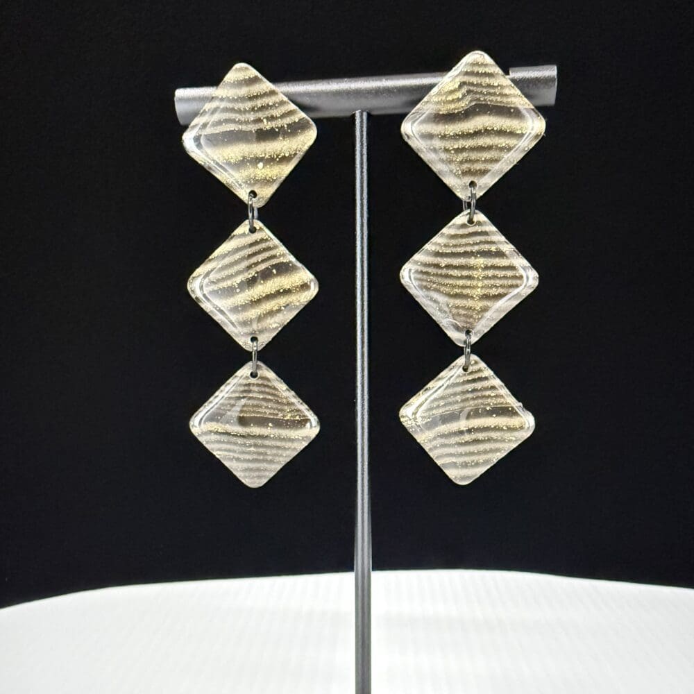 Onyx Woodgrain Triple Dimond Stack Dangle Earrings