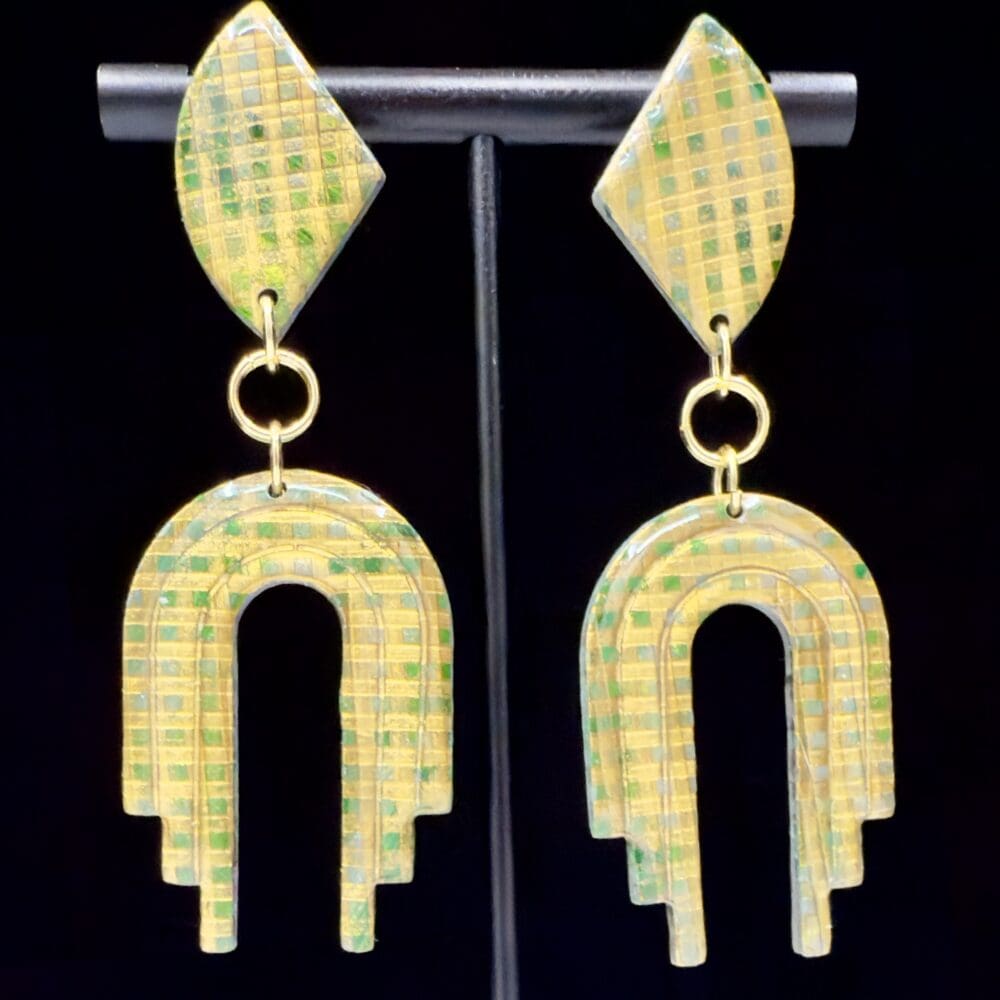 Golden Emerald Checkered Arched Earrings