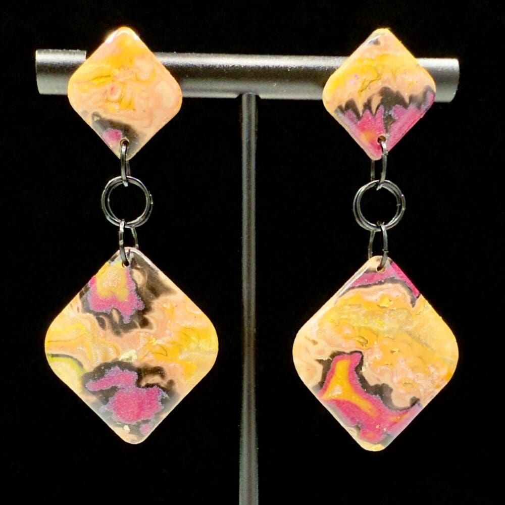 Solar Flare Squared Diamond Dangle Mokume Gane Earrings