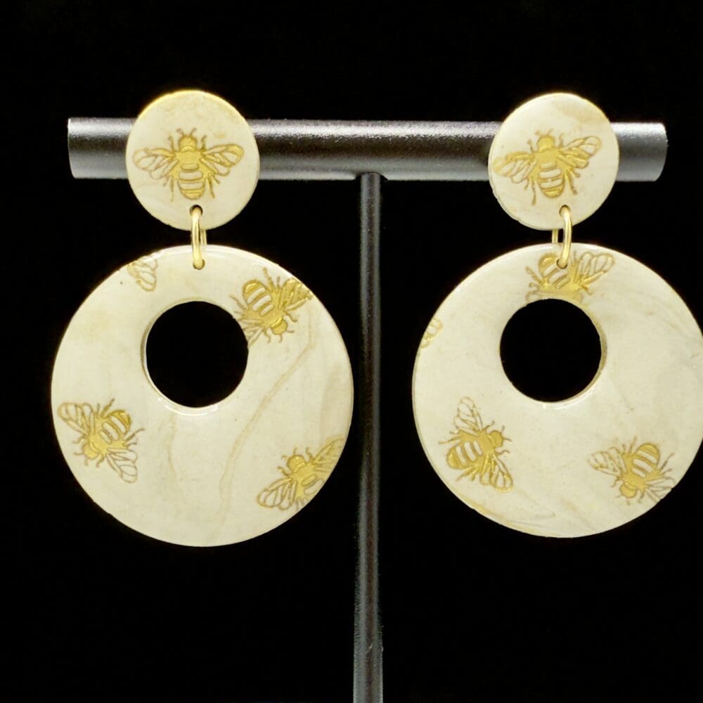White and Gold Round Drop Bee Earrings