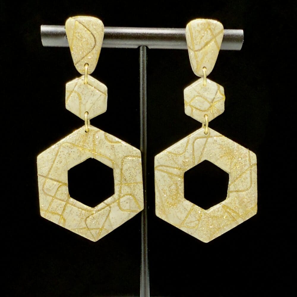 White and Gold Geometric Stacked Dangle Earrings