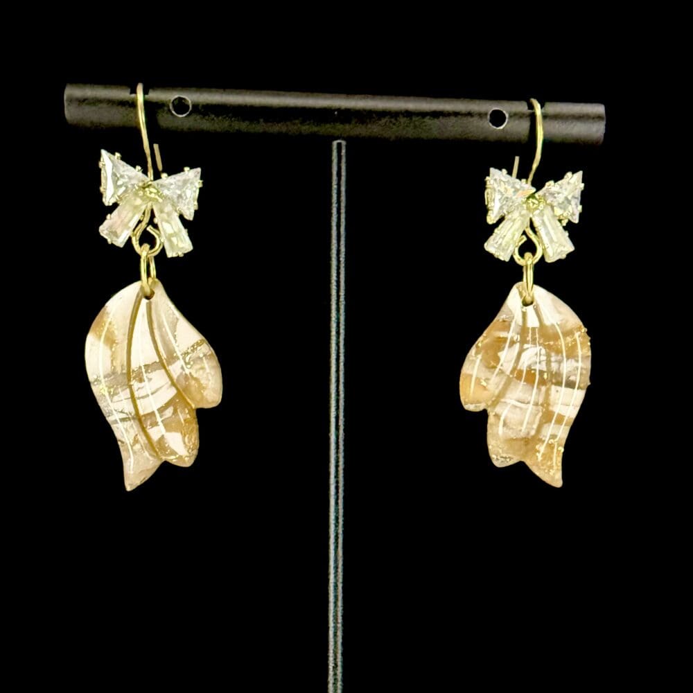 White And Gold Wing With Bow Drop Earrings
