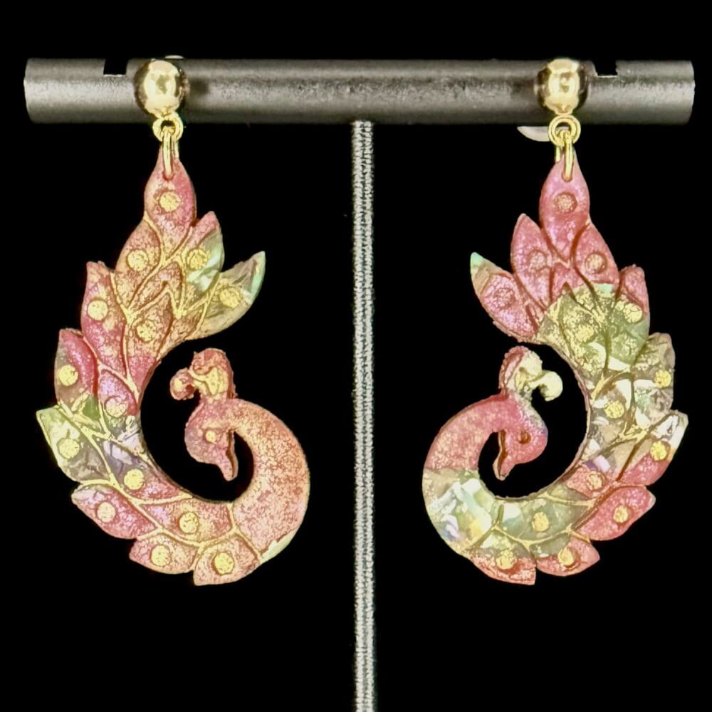 Red Floral Peacock Drop Earrings