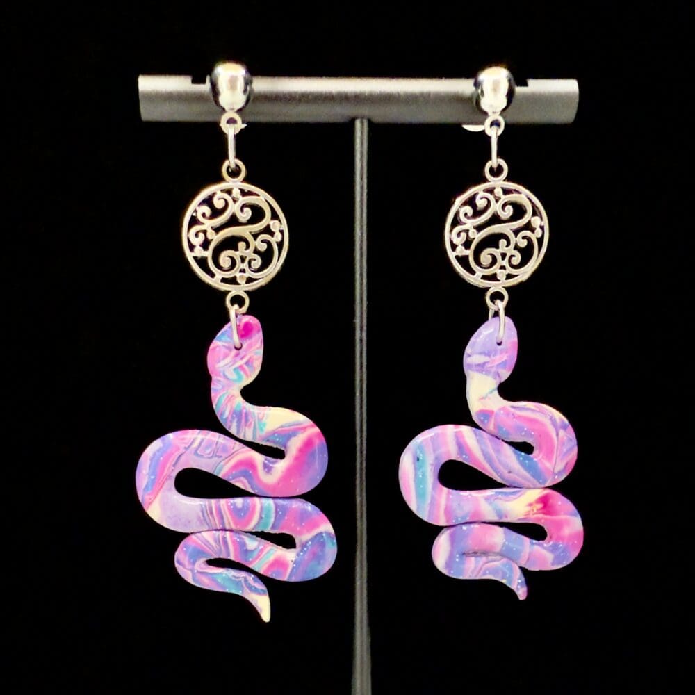 Pink Explosion Mokume Gane Snake Earrings
