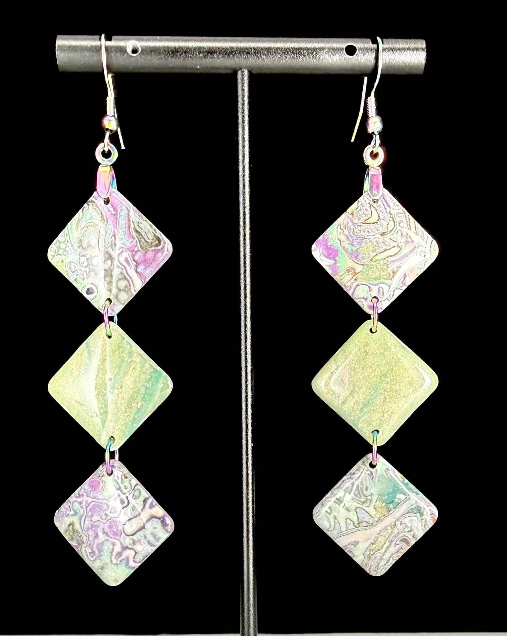 Imperial Spring Mokume Diamond Dangle Earrings