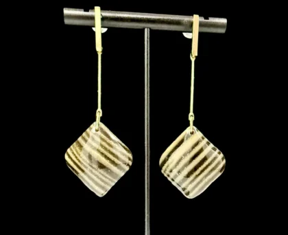 Black & Gold Striped Square Domed Dangle Earrings