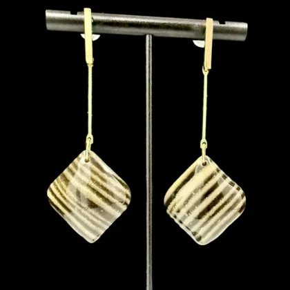 Black & Gold Striped Square Domed Dangle Earrings