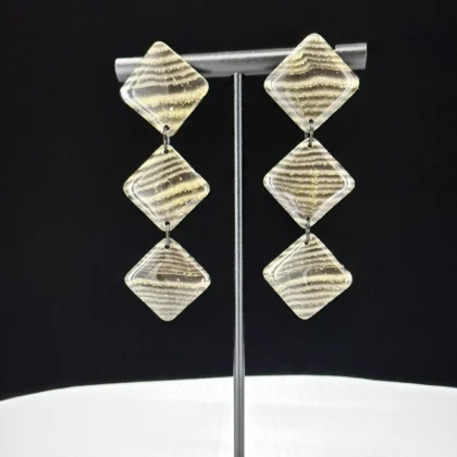 Onyx Woodgrain Triple Dimond Stack Dangle Earrings