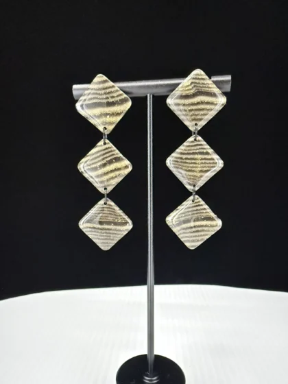 Onyx Woodgrain Triple Dimond Stack Dangle Earrings