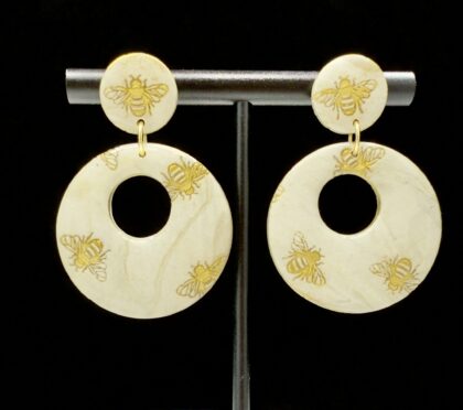 White and Gold Round Drop Bee Earrings