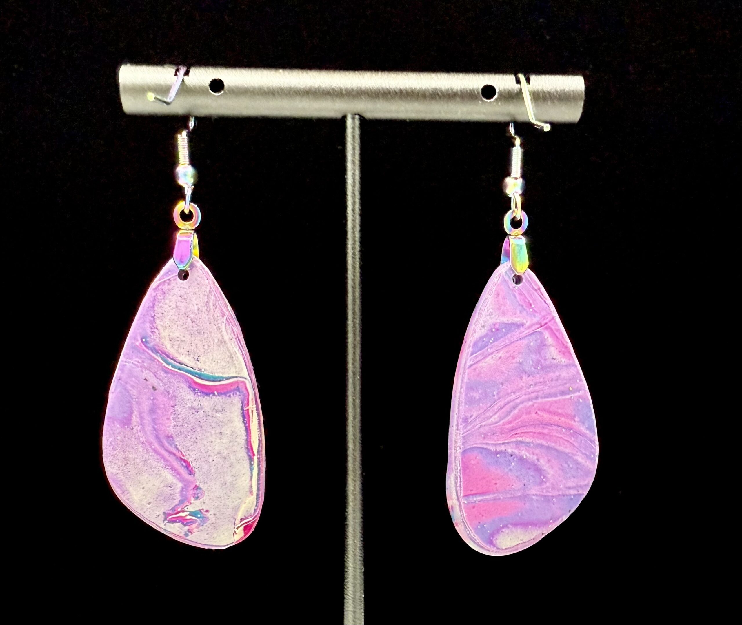 Pink Explosion Mokume Gane Teardrop Earrings - Image 3