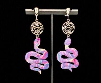 Pink Explosion Mokume Gane Snake Earrings