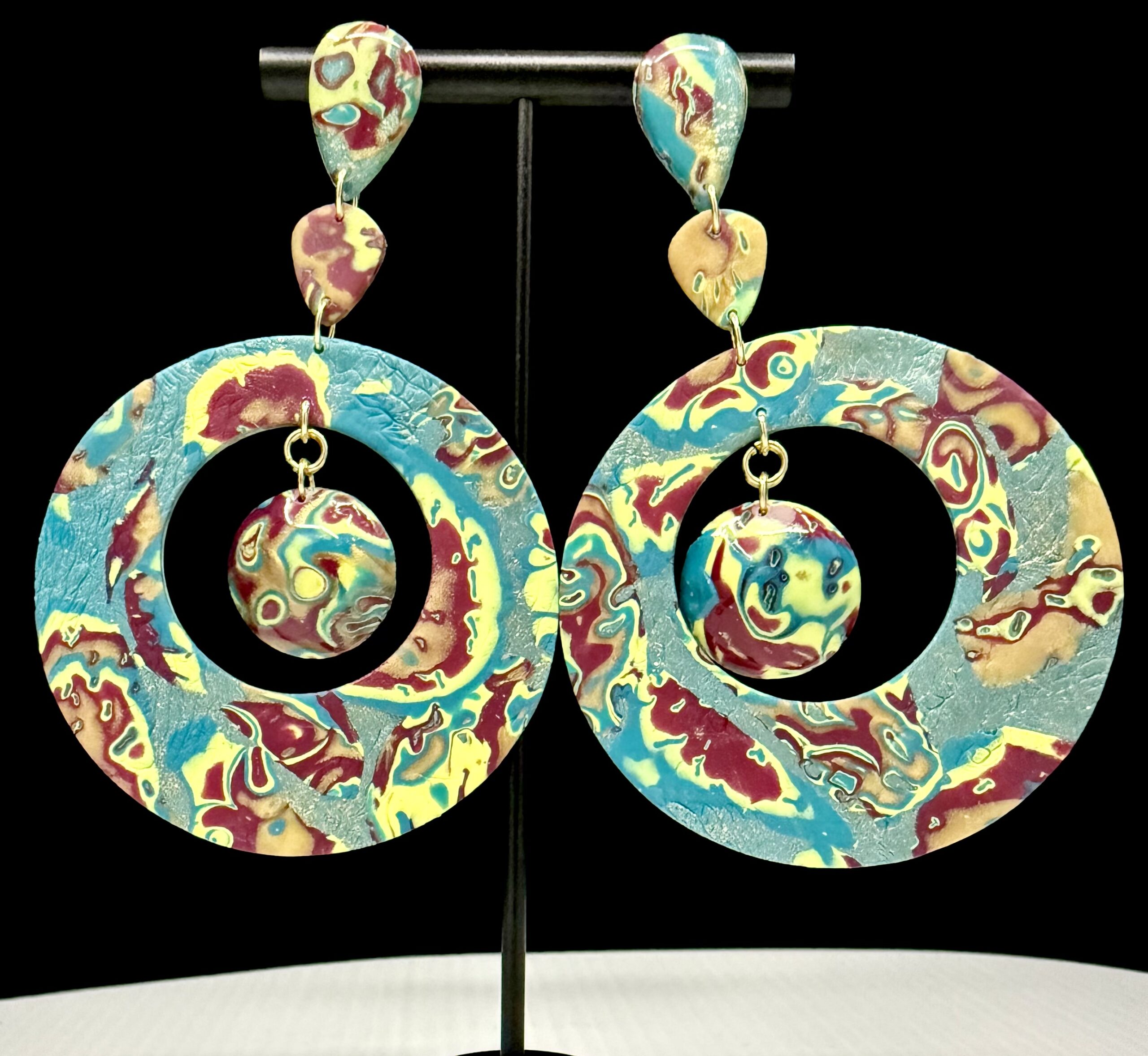 Nautical Color Flow Exaggerated Suspended Disc Hoop Earrings - Image 2